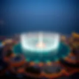 Aerial view of the Palm Jumeirah Fountain illuminated at night