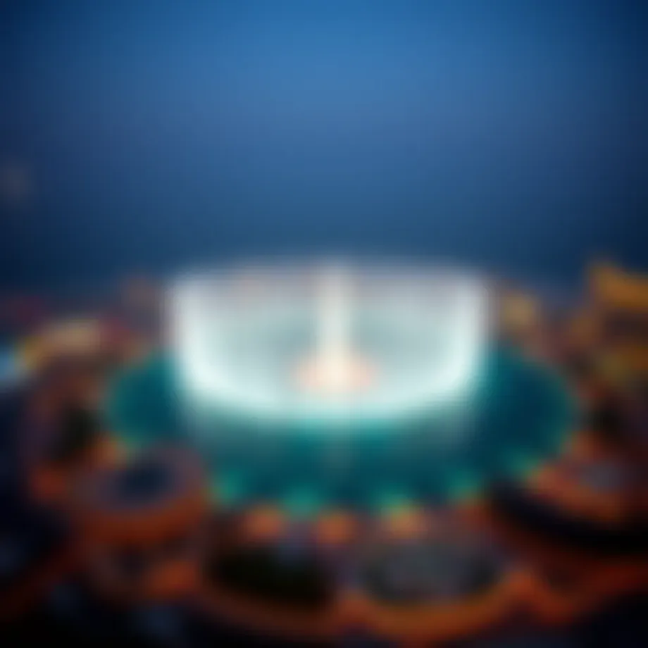 Aerial view of the Palm Jumeirah Fountain illuminated at night