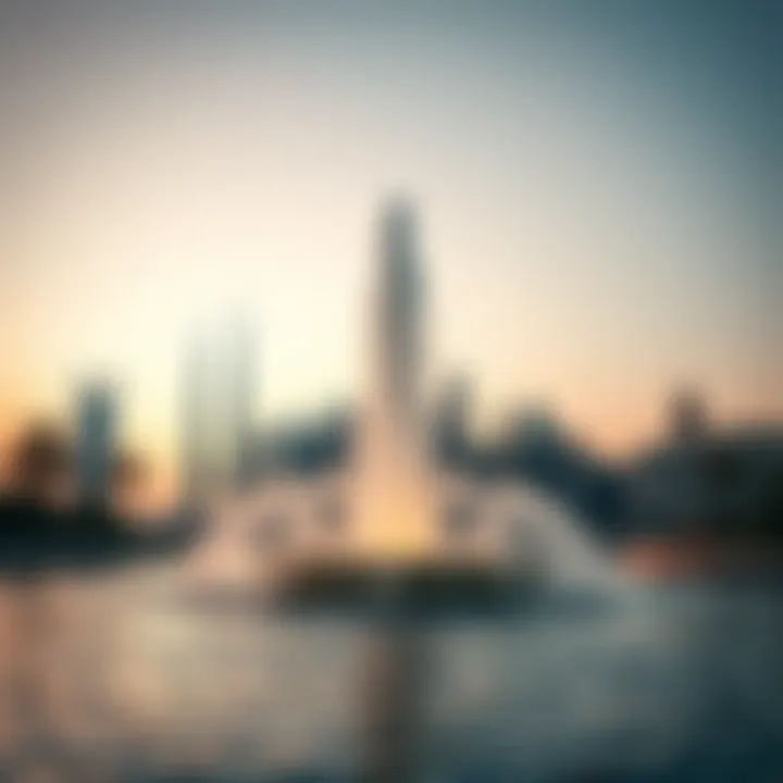 The Palm Jumeirah Fountain with the skyline of Dubai in the background