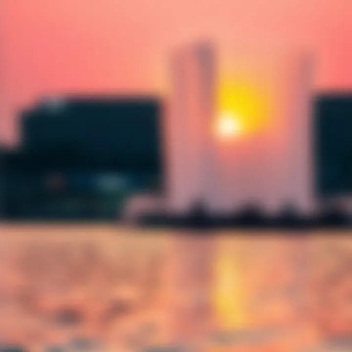 Visitors enjoying the Palm Jumeirah Fountain during a vibrant sunset