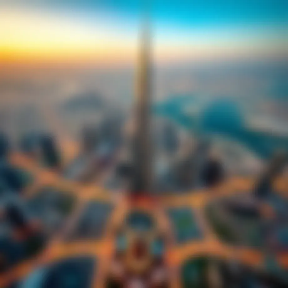 Aerial view of Burj Khalifa amidst Dubai skyline