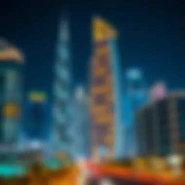Dubai's Night Skyline: A Dazzling Display Night view showcasing illuminated skyscrapers in Dubai